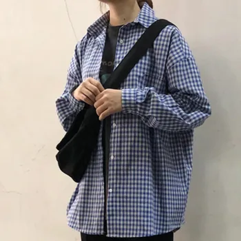 Skjorter Kvinder Plaid Oversize BF Vilde koreansk Stil Studerende Forår Dame langærmet Pels Smarte Toppe Trendy Cool Alle-match Retro 0