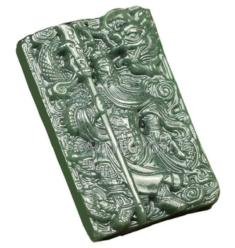 Smukke Naturlige Grønne HeTian Jade Skåret Kinesisk Sværd GuanGong Amulet Heldig Vedhæng + Perler Halskæde + Certifikat Fine Smykker 0