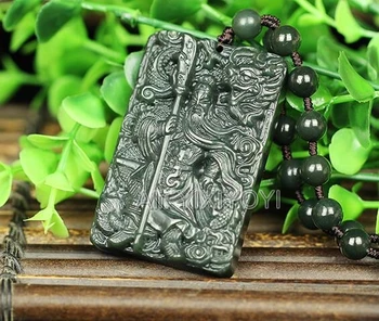 Smukke Naturlige Grønne HeTian Jade Skåret Kinesisk Sværd GuanGong Amulet Heldig Vedhæng + Perler Halskæde + Certifikat Fine Smykker 2