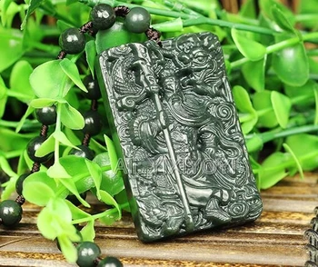 Smukke Naturlige Grønne HeTian Jade Skåret Kinesisk Sværd GuanGong Amulet Heldig Vedhæng + Perler Halskæde + Certifikat Fine Smykker 3