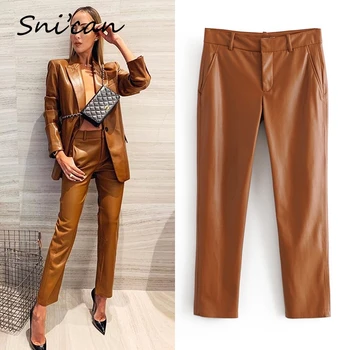 Snican imiteret pu læder bukser solid mode formelle lynlås blyant bukser pantalones de mujer za 2020 kvinder bukser efteråret ny 1