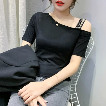 Sommer Fashion koreansk Tøj, T-shirt-Sexet Uregelmæssighed Hule Ud Diamanter Kvinder Toppe Ropa Mujer Kort Ærme t-Shirts 2020 T03502 3