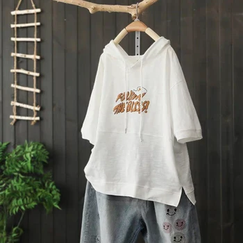 Sommeren Korea Fashion Kvinder Kort Ærme Løs T-shirt til Alle-matchede Casual Brev Print Hætteklædte Tee Shirt Femme Toppe Plus Size M01 4
