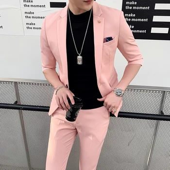 Sommeren Kostume til Mænd Fashion Herre Passer Designere 2019 Pink Passer Herre Night Club Terno Masculino Smocking Slim Fit Homme 2 stk 0
