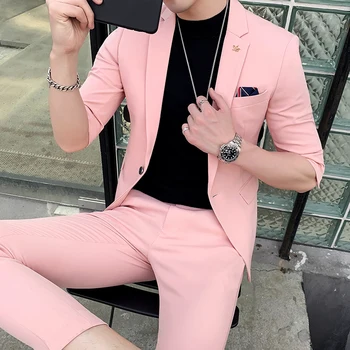 Sommeren Kostume til Mænd Fashion Herre Passer Designere 2019 Pink Passer Herre Night Club Terno Masculino Smocking Slim Fit Homme 2 stk 5