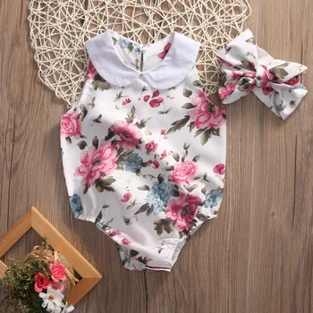 Sommeren Nyfødte Spædbarn Baby Girl Blomster Dukke krave Romper Buksedragt +Pandebånd Udstyr Sunsuit Tøj 0