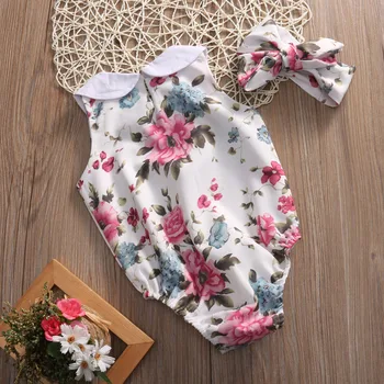 Sommeren Nyfødte Spædbarn Baby Girl Blomster Dukke krave Romper Buksedragt +Pandebånd Udstyr Sunsuit Tøj 1