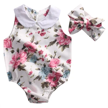 Sommeren Nyfødte Spædbarn Baby Girl Blomster Dukke krave Romper Buksedragt +Pandebånd Udstyr Sunsuit Tøj 4
