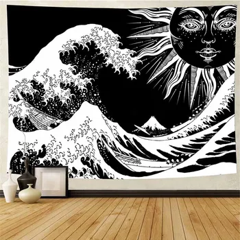 Sort Hvide Landskab Ocean Wave Gobelin Væggen Hænger Hippie-Tapetet Væg Tæpper Baggrund ArtDecor Sengetæppe Tynd Strand Håndklæde 17547