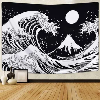 Sort Hvide Landskab Ocean Wave Gobelin Væggen Hænger Hippie-Tapetet Væg Tæpper Baggrund ArtDecor Sengetæppe Tynd Strand Håndklæde 2