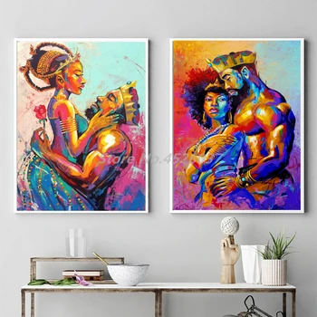 Sort Konge Og Dronning Af Afrika Sexet Olie Maleri Elskende Par Plakat Maleri På Lærred Soveværelse Væg Kunst, Dekoration Billeder 0