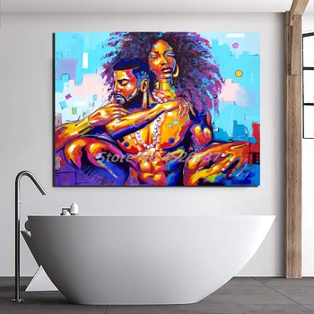 Sort Konge Og Dronning Af Afrika Sexet Olie Maleri Elskende Par Plakat Maleri På Lærred Soveværelse Væg Kunst, Dekoration Billeder 2