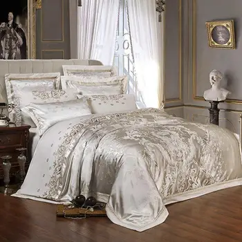 Splint Guld Luksus Silke Satin Jacquard dynebetræk sengetøj sæt dronning king size Broderi seng sæt lagen/lagen sæt 1