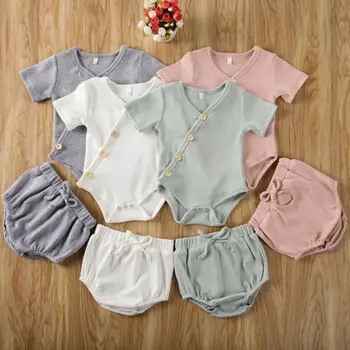 Spædbarn Baby Dreng Piger Sommer Tøj Sæt Soild Stribet Bomuld kortærmet Sparkedragt+Shorts Bukser Til Drenge Barn Outfits 0-24M 3