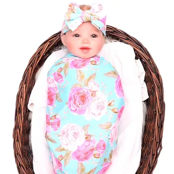 Spædbarn Søde Nyfødte Baby Pige dreng Print Indpakket Swaddle Tæppe Sløjfeknude Hovedbøjle Tøj Sæt 1