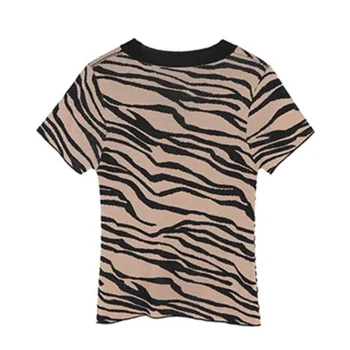 Strikket T-Shirt Kvinder Sommeren 2020 Koreansk Stil Vintage Zebra Stribet Bodycon O-Hals Kortærmet Tshirt Toppe, Strik Khaki T490