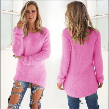 Super Blød Og Behagelig Selv-Dyrkning ensfarvet O-Neck Pullover Kvinder Sweater Mode Sexet Top Damer Hipster Tøj 16123