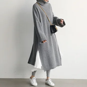 Sweater Dress Kvinder Korea Efterår og Vinter Fashion 2020 Nye Stil: A-LINJE Kvindelige Smarte Elegant Casual Strik Pullover Turtleneck 19214