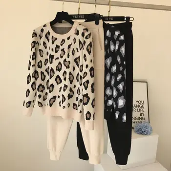 Sweatsuits for Kvinder Strikkede Dragter Leopard langærmet O-hals Sweater + Elastisk Talje, Lomme Harem Bukser Sæt Træningsdragt 2021 1
