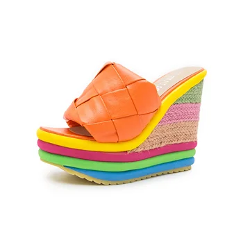 SWONCN chuky højhælede tøfler dame sommer sko wedges 2021 sommeren hot salg candy farve platform tøfler dias 0