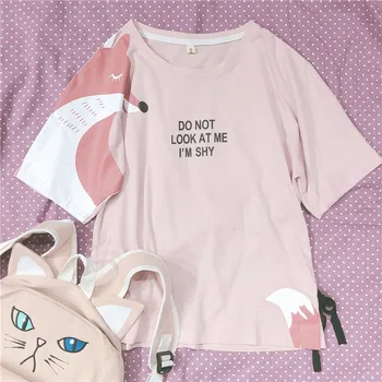 Sød T-Shirt Pige Side Bowtie Søde Fox Print Må ikke Se På Mig jeg Er Genert Pink Toppe Japansk Harajuku-Shirt til Sommeren Afslappet Tee 2627