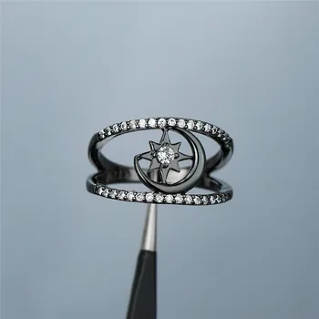 Søde Kvindelige Hvide Zircon Sten Ring Charme Sort Guld Vielsesringe For Kvinder Luksus Krystal Hule Stjernede Månen Engagement Ring 0