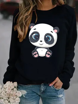 Søde Panda Trykt Hættetrøjer Kvinder Fleece Langærmet O Hals Løs Sweatshirt Piger Kvinder Hættetrøje Pullovere Vinter, Efterår 3