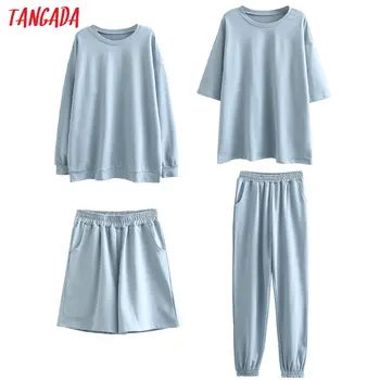 Tangada 2020 Efteråret Kvinder Terry 95% bomuld, passer overdimensionerede sæt o-neck sweatshirt trøjer shorts bukser passer 6L30 1