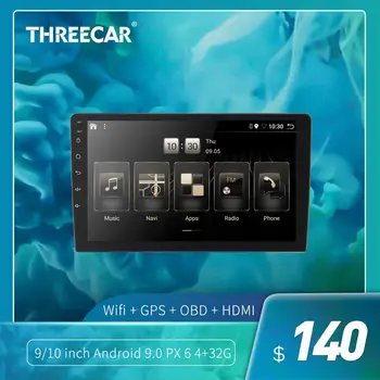 Threecar Android 9.0 Ouad Core PX6 Bil Radio Stereo GPS Navi-Audio-Video-Afspiller, PC-Boks Wifi HDMI BT AMP 7851 OBD DAB + SWC 4