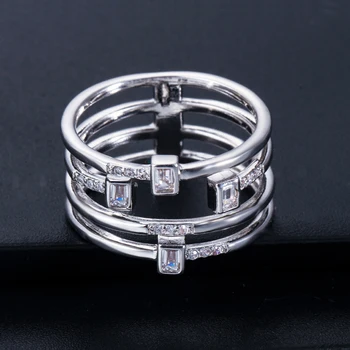 Threegraces Fashion Damer Finger Ringe, Multi-Lag-Pladsen Cubic Zirconia Sølv Farve Hule Store Ring for Kvinder Smykker RG079 3883