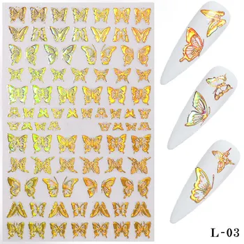 Tilbage Lim Nail Art Laser Guld Sølv Butterfly Nail Art Stickers Selvklæbende Skydere Decals Folier Wraps Dekorationer Manicure 16964