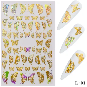Tilbage Lim Nail Art Laser Guld Sølv Butterfly Nail Art Stickers Selvklæbende Skydere Decals Folier Wraps Dekorationer Manicure 1