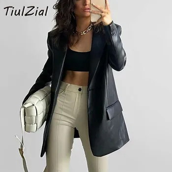 TiulZial Hak Sort Imiteret PU Læder Frakke Kvinder Mode Pleather Oversize Blazere Kvinde, Single Breasted Løs Blazere Damer 1