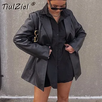 TiulZial Hak Sort Imiteret PU Læder Frakke Kvinder Mode Pleather Oversize Blazere Kvinde, Single Breasted Løs Blazere Damer 2