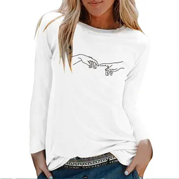 To Hænder Udskrivning langærmet T-shirts Kvinder Efterår og Vinter 2020 Grafiske Tees Streetwear Hvid O-Hals Tøj Femme Ropa Mujer 3