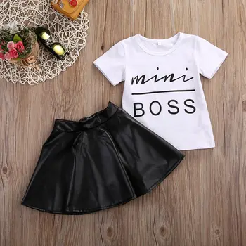 Toddler Kids Pige Tøj Sæt Sommeren Korte Ærmer Mini Boss T-shirt, Toppe + Læder Nederdel Outfit Passer til Barnet 4