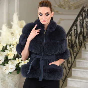 TOPFUR 2020 Fashion Vinter Slank Frakke Med Bælte Læder Jakke Naturlige Blue Fox Fur Real Fur Coat Kvinder Halv Ærmer Pels Lynlås 0