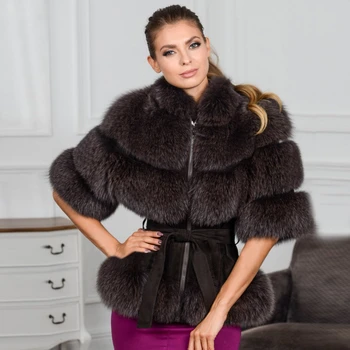 TOPFUR 2020 Fashion Vinter Slank Frakke Med Bælte Læder Jakke Naturlige Blue Fox Fur Real Fur Coat Kvinder Halv Ærmer Pels Lynlås 5