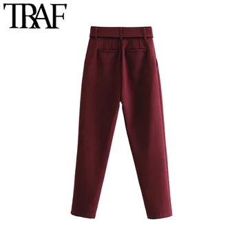 TRAF Kvinder Vintage Stilfulde Kontor Slid Højtaljede Bukser Mode Lynlås Med Bælte Lommer Kvindelige Ankel Bukser Pantalones 0