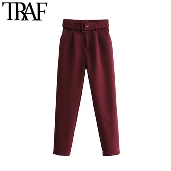 TRAF Kvinder Vintage Stilfulde Kontor Slid Højtaljede Bukser Mode Lynlås Med Bælte Lommer Kvindelige Ankel Bukser Pantalones 1