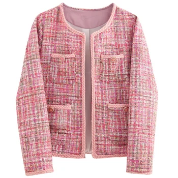 Tweed kvinder jakke i foråret efteråret o-hals, lille duft pink uld frakke ny Uld klassiske jakke, Damer 3