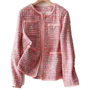 Tweed kvinder jakke i foråret efteråret o-hals, lille duft pink uld frakke ny Uld klassiske jakke, Damer 4