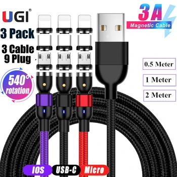 UGI 3Pack ( 3 Kabel + 9 Stik ) 3 i 1 540° Hurtig Opladning Magnetiske Kabel Til IOS-Kabel Type C USB-C Kabel-Mikro-USB-Kabel Android 3