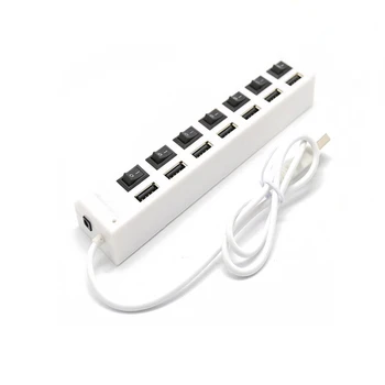 USB-Hub 2.0 Splitter,7-Port USB-Hub med Individuelle On/Off kontakter og Lamper til Laptop, PC, Computer, Sort, Hvid 2
