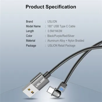 USLION 180 Graders Rotation LED USB-C-Kabel Type C Hurtig Opladning 3A Hurtig Oplader Ledning Til XiaoMi HuaWei, Samsung Android-Telefon 1