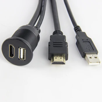 Vandtæt, støvtæt dual usb 2.0 USB 3.0-HDMI-AUX EN mand til En kvinde runde panel mount forlængerkabel med beslag og hætte 0