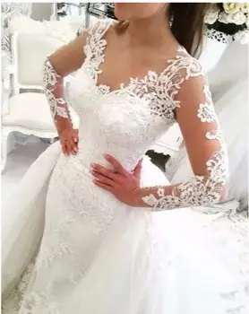 Vestido de noiva Blonder Havfrue Brudekjole Nederdel med Aftagelige Backless Lange Ærmer Saudi-Arabien Brudepige Kjoler Dubai 0