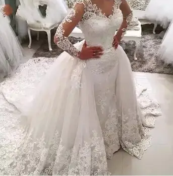 Vestido de noiva Blonder Havfrue Brudekjole Nederdel med Aftagelige Backless Lange Ærmer Saudi-Arabien Brudepige Kjoler Dubai 2