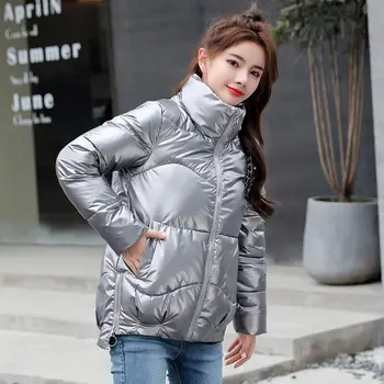 Vielleicht 2020 Efteråret Kvinders vinterfrakker Fashion Sølv Stå Krave Parkacoats Vinter Jakke Kvinder Lommer Polstret Cotton Coat 4