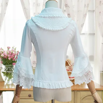 Vintage White Lace Bomulds Bluse Til Damer Classic Lolita Princess Kostume Slanke Monteret Shirt Knap 3/4 Bell Lag Ærmer Top 25049